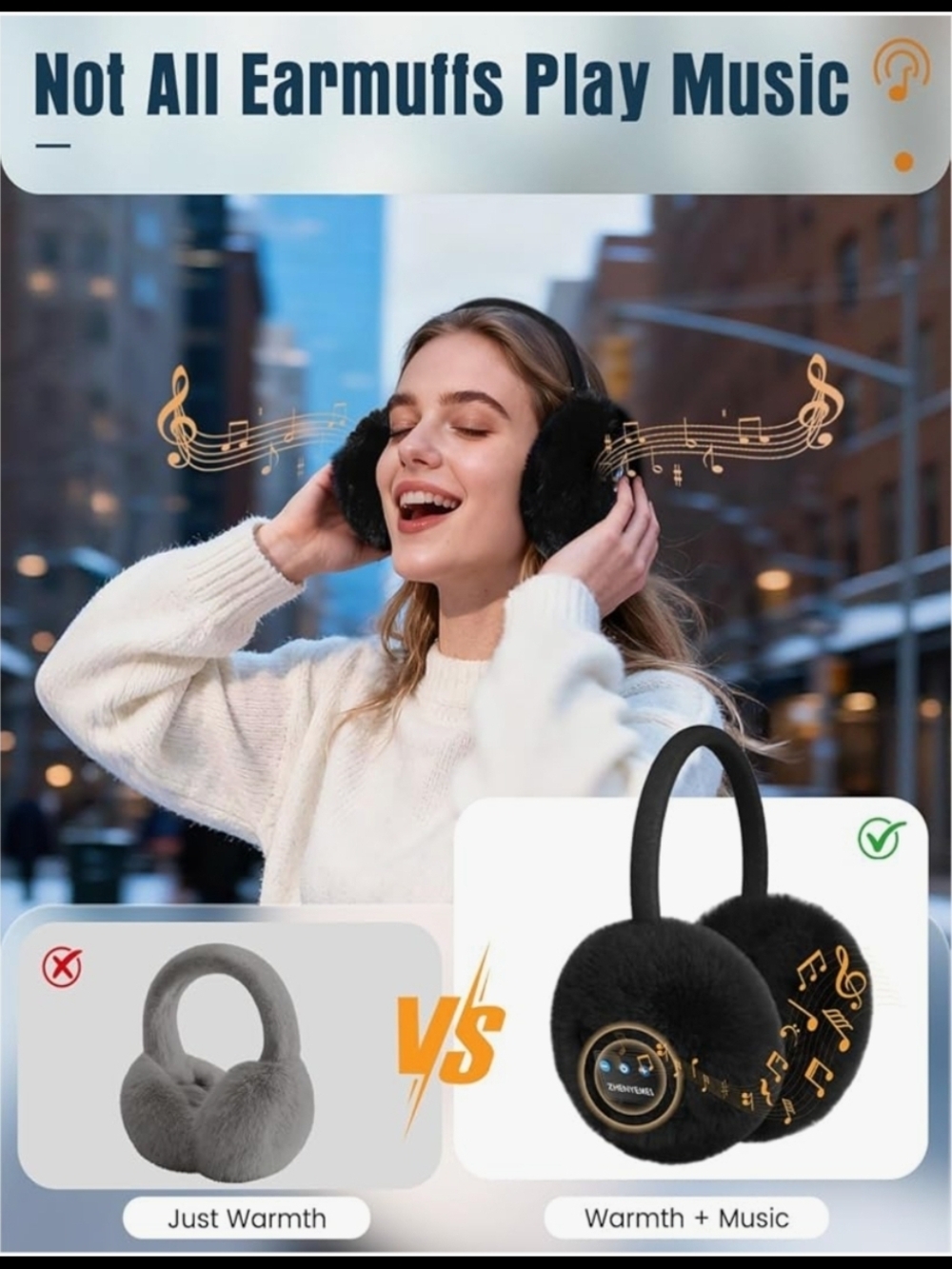 Wireless White Faux Fur Warming Earmuffs with Bluetooth Speakers